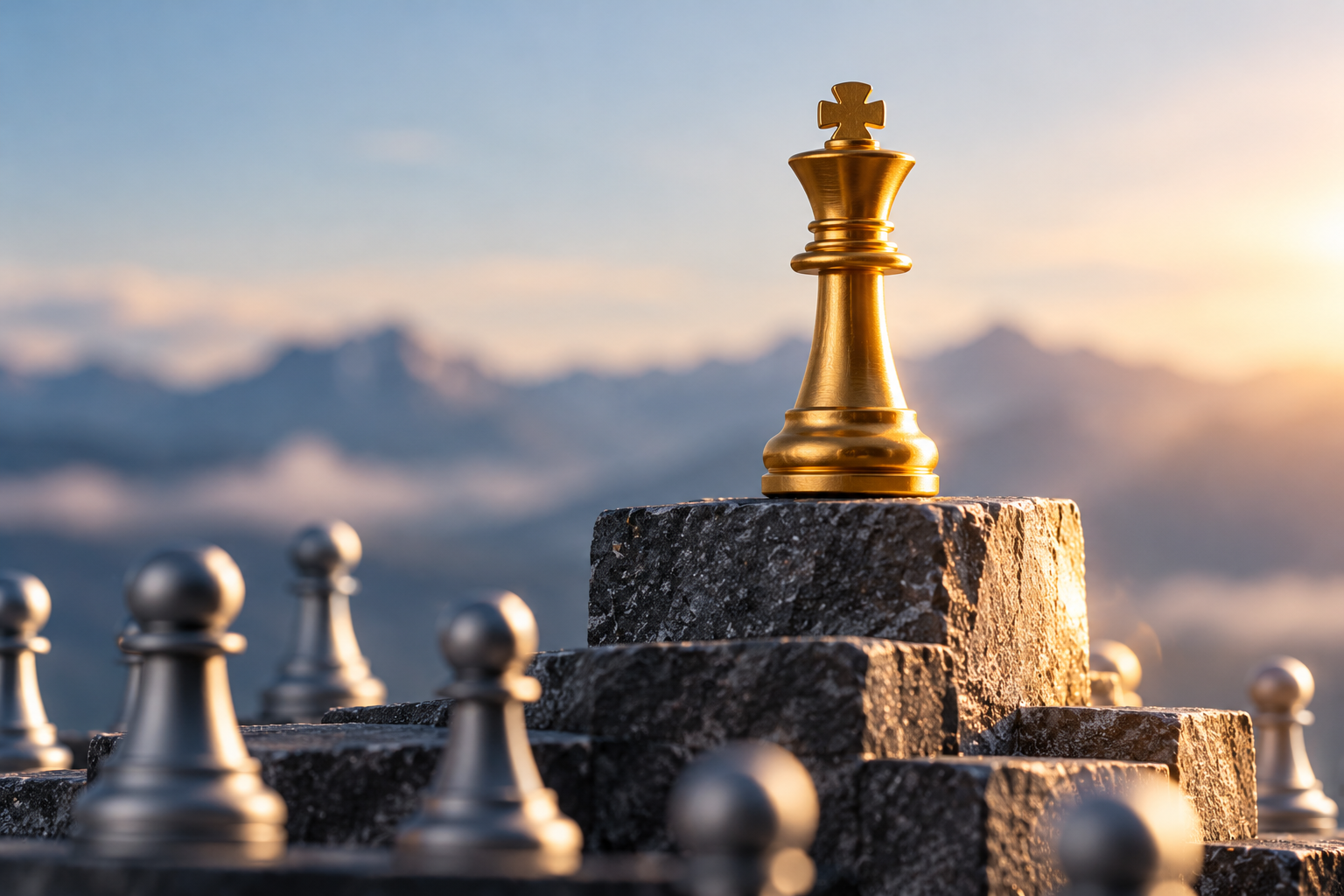 A golden chess king stands on top of a stone summit above silver pawns, symbolizing a market leader defending its top position